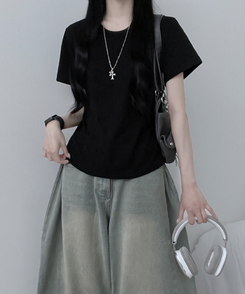 半袖Tシャツ 無地ラウンドセミクロップルーズ半袖Tシャツ BLACK