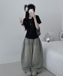 半袖Tシャツ 無地ラウンドセミクロップルーズ半袖Tシャツ BLACK