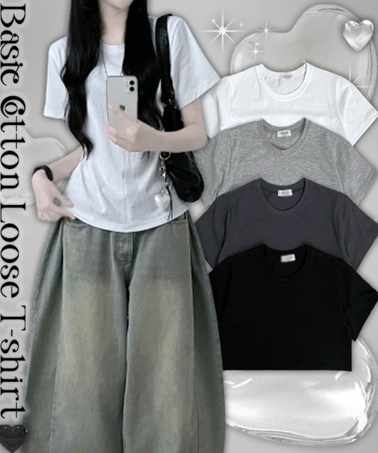 無地ラウンドセミクロップルーズ半袖Tシャツ WHITE