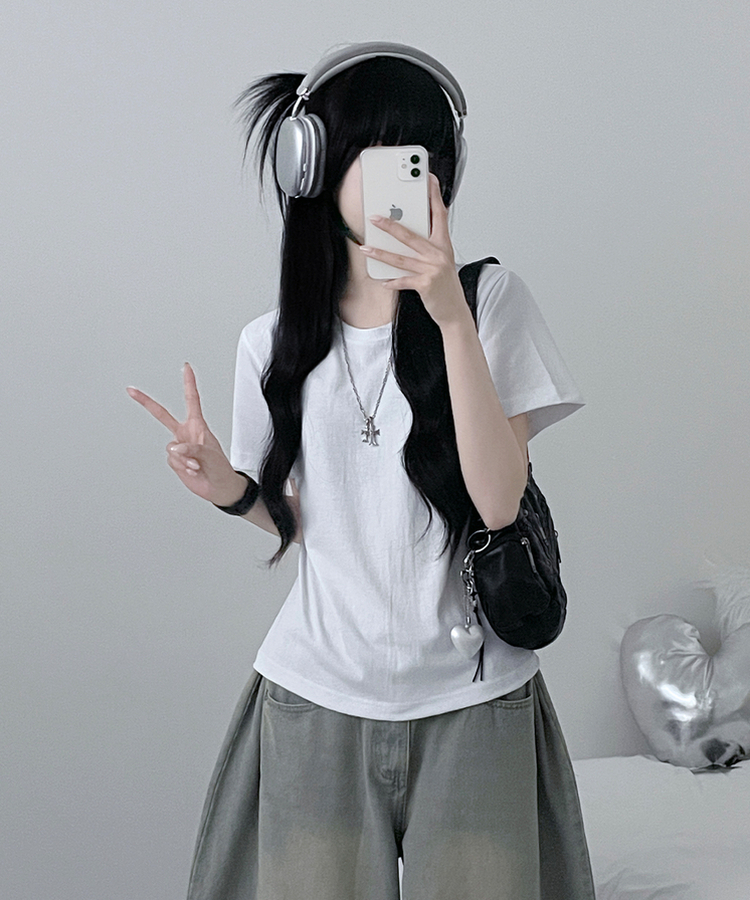 無地ラウンドセミクロップルーズ半袖Tシャツ WHITE
