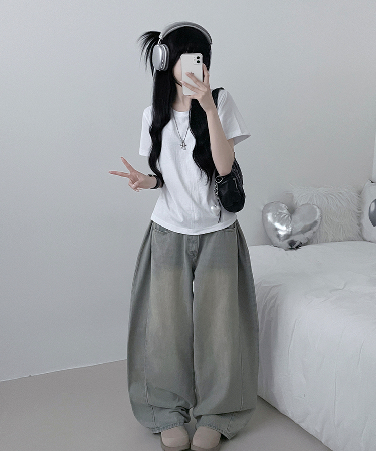 無地ラウンドセミクロップルーズ半袖Tシャツ WHITE