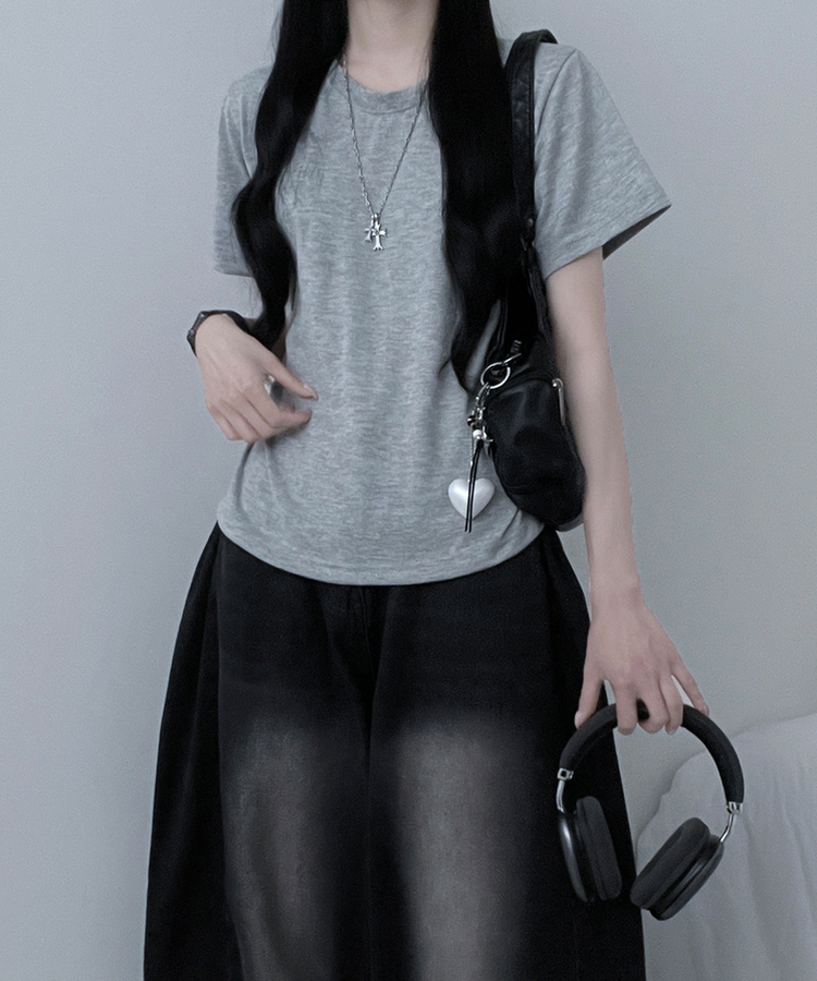 無地ラウンドセミクロップルーズ半袖Tシャツ GREY