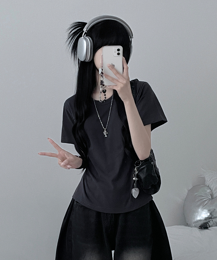 無地ラウンドセミクロップルーズ半袖Tシャツ CHARCOAL