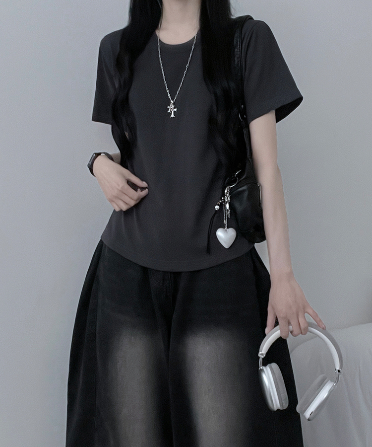 無地ラウンドセミクロップルーズ半袖Tシャツ CHARCOAL
