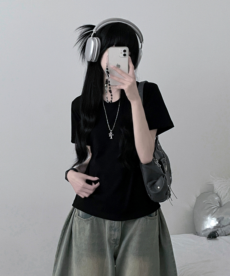 無地ラウンドセミクロップルーズ半袖Tシャツ BLACK