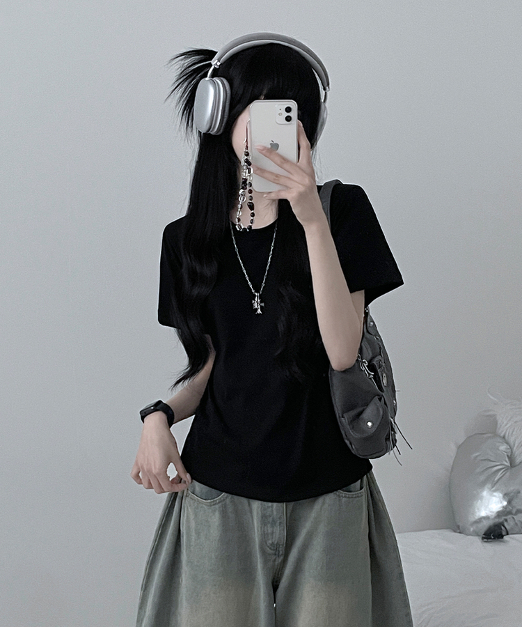 無地ラウンドセミクロップルーズ半袖Tシャツ BLACK