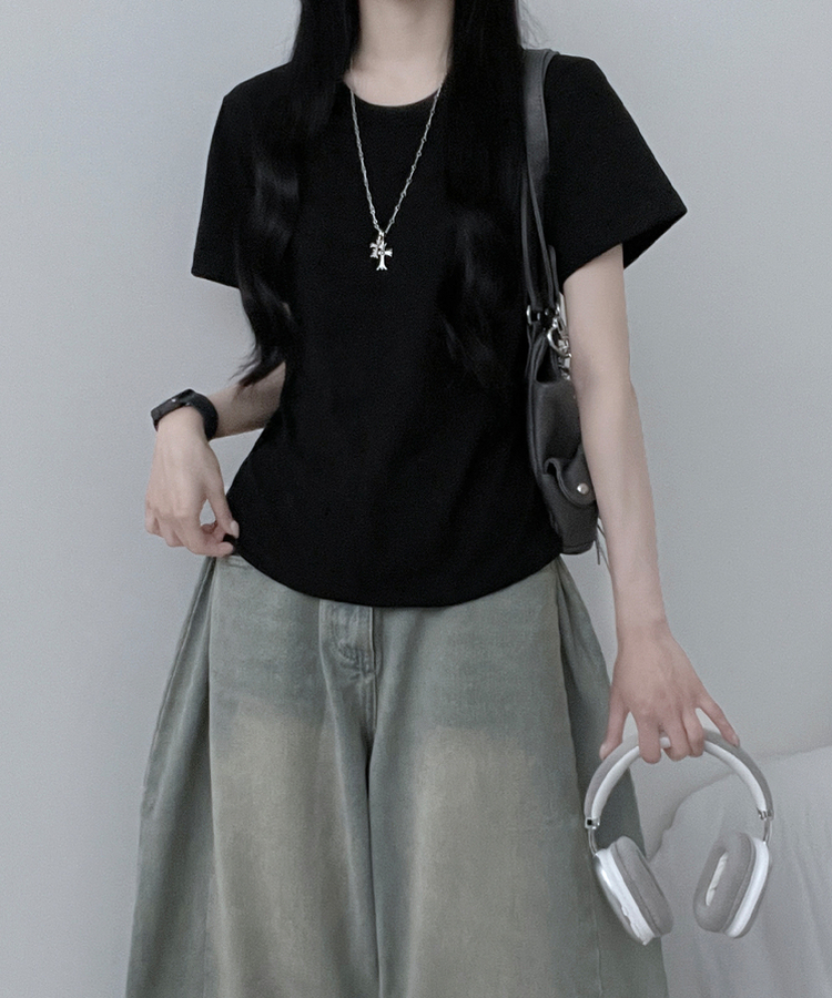 無地ラウンドセミクロップルーズ半袖Tシャツ BLACK