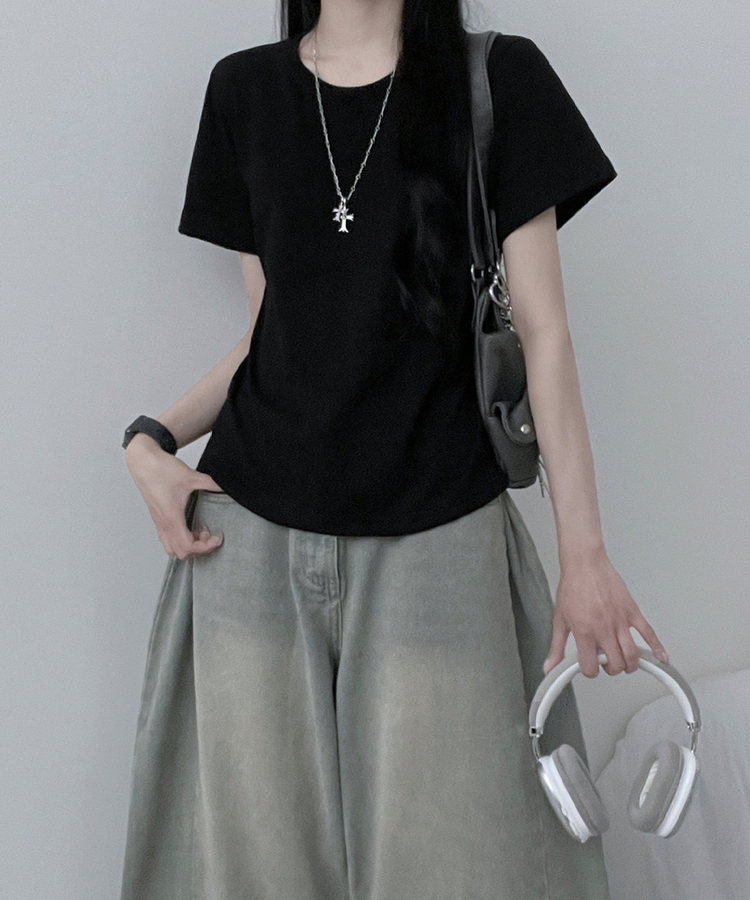 半袖Tシャツ 無地ラウンドセミクロップルーズ半袖Tシャツ BLACK