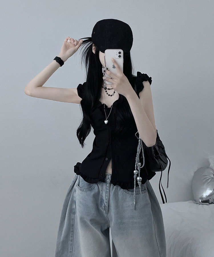 ブラウス フリルボタンキャミソール BLACK