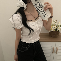ブラウス ドットフリルクロップ半袖ブラウス WHITE