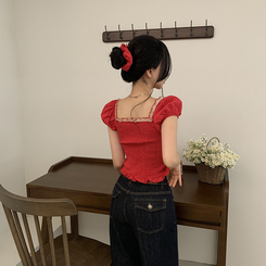 ブラウス ドットフリルクロップ半袖ブラウス RED