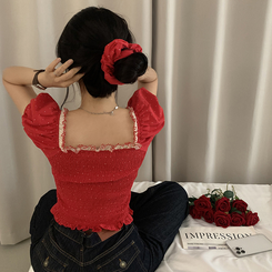 ブラウス ドットフリルクロップ半袖ブラウス RED