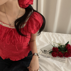 ブラウス ドットフリルクロップ半袖ブラウス RED