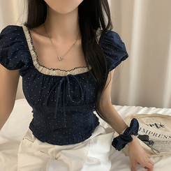 ブラウス ドットフリルクロップ半袖ブラウス NAVY
