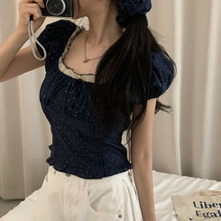 ブラウス ドットフリルクロップ半袖ブラウス NAVY