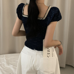 ブラウス ドットフリルクロップ半袖ブラウス NAVY