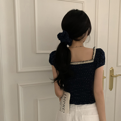 ブラウス ドットフリルクロップ半袖ブラウス NAVY