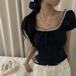 ブラウス ドットフリルクロップ半袖ブラウス NAVY
