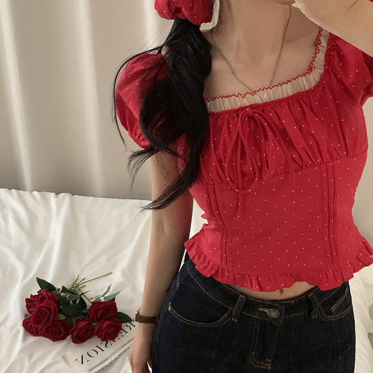 ドットフリルクロップ半袖ブラウス RED
