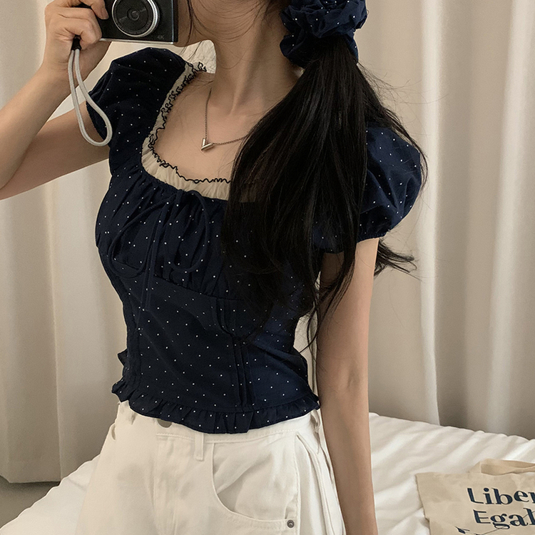 ドットフリルクロップ半袖ブラウス NAVY