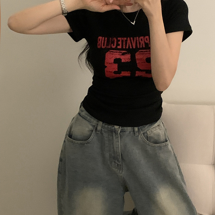 Y2Kラウンドレタリング半袖Tシャツ BLACK