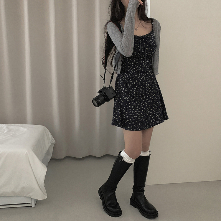 【SET】ミニフラワーミニワンピース カーディガン GREY