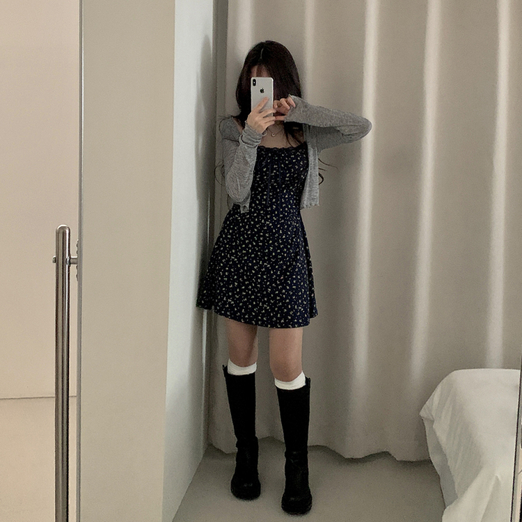 【SET】ミニフラワーミニワンピース カーディガン GREY
