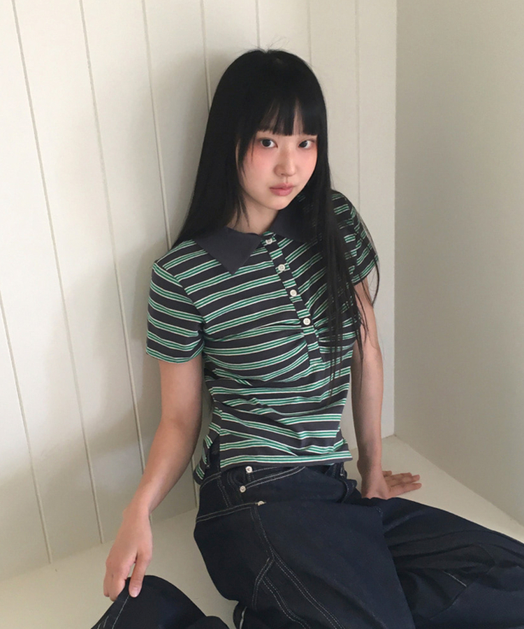 ストライプシャーリング半袖Tシャツ NAVY