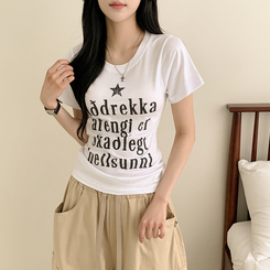 半袖Tシャツ レタリングUネック半袖Tシャツ WHITE