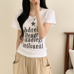 半袖Tシャツ レタリングUネック半袖Tシャツ WHITE