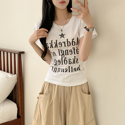 半袖Tシャツ レタリングUネック半袖Tシャツ WHITE