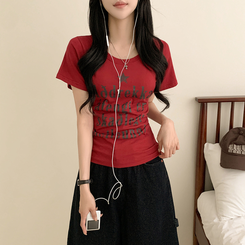 半袖Tシャツ レタリングUネック半袖Tシャツ RED
