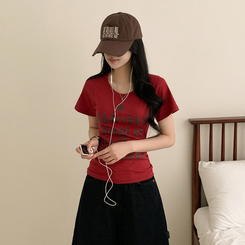 半袖Tシャツ レタリングUネック半袖Tシャツ RED