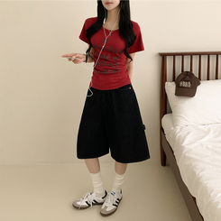 半袖Tシャツ レタリングUネック半袖Tシャツ RED