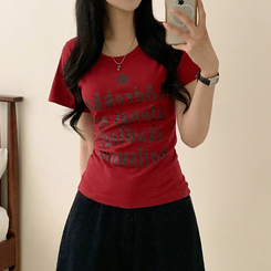 半袖Tシャツ レタリングUネック半袖Tシャツ RED