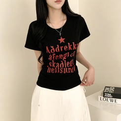 半袖Tシャツ レタリングUネック半袖Tシャツ BLACK