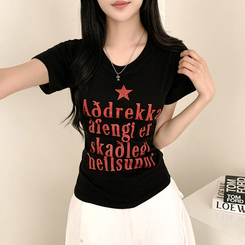 半袖Tシャツ レタリングUネック半袖Tシャツ BLACK