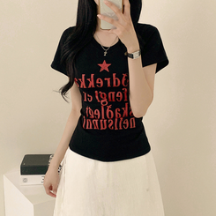半袖Tシャツ レタリングUネック半袖Tシャツ BLACK