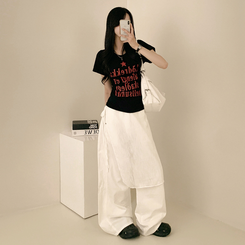 半袖Tシャツ レタリングUネック半袖Tシャツ BLACK