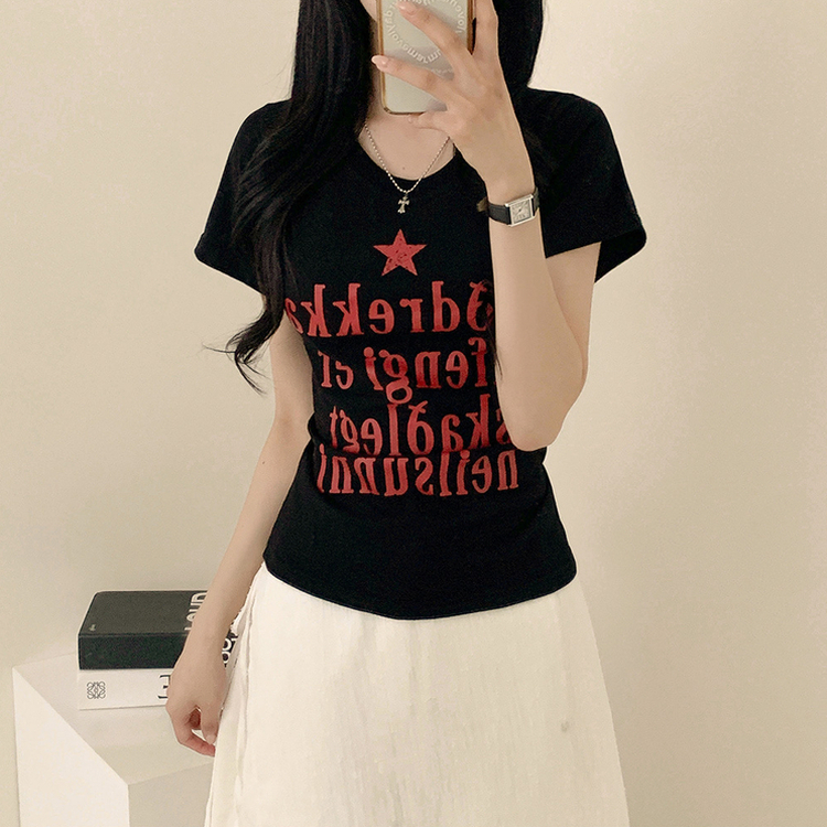 レタリングUネック半袖Tシャツ BLACK