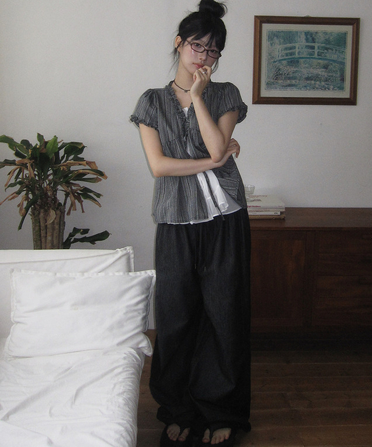 【丈別】サマーワイドバンディングパンツ BLACK DENIM