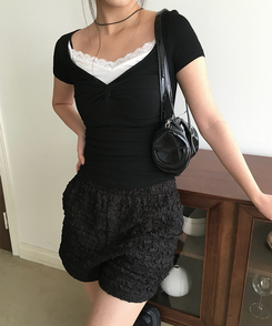 半袖Tシャツ シャーリングスリムクロップ半袖Tシャツ BLACK