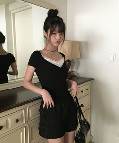 半袖Tシャツ シャーリングスリムクロップ半袖Tシャツ BLACK