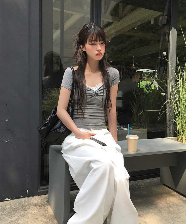 シャーリングスリムクロップ半袖Tシャツ GREY
