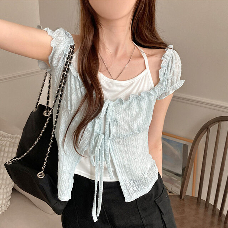 젤린 레이스 홀터넥 레이어드 프릴 반팔 블라우스 소라