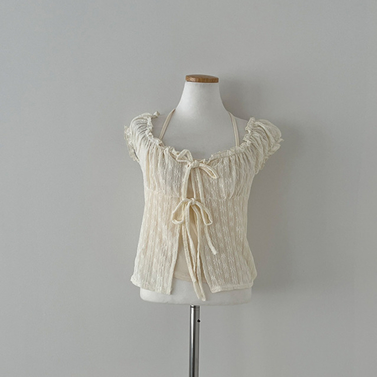 젤린 레이스 홀터넥 레이어드 프릴 반팔 블라우스