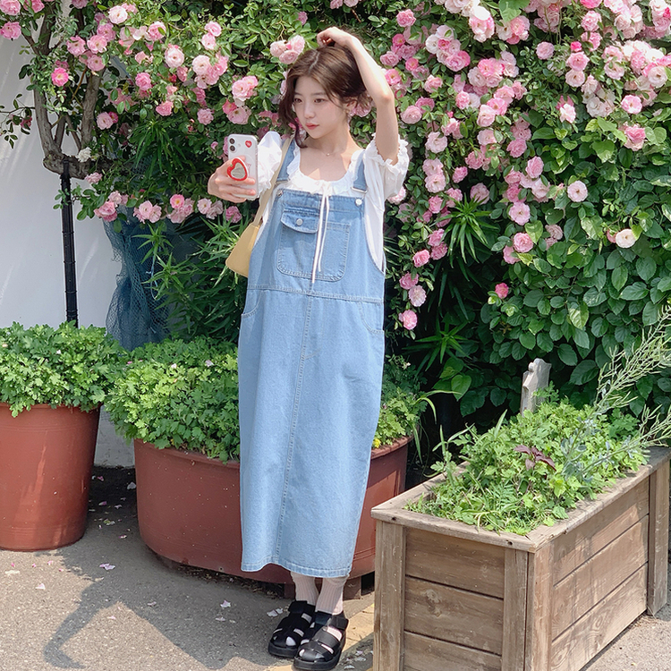 デニムオーバーロールワンピース｜ロングワンピース｜韓国ファッション
