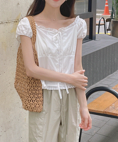 ブラウス リボン半袖ブラウス WHITE