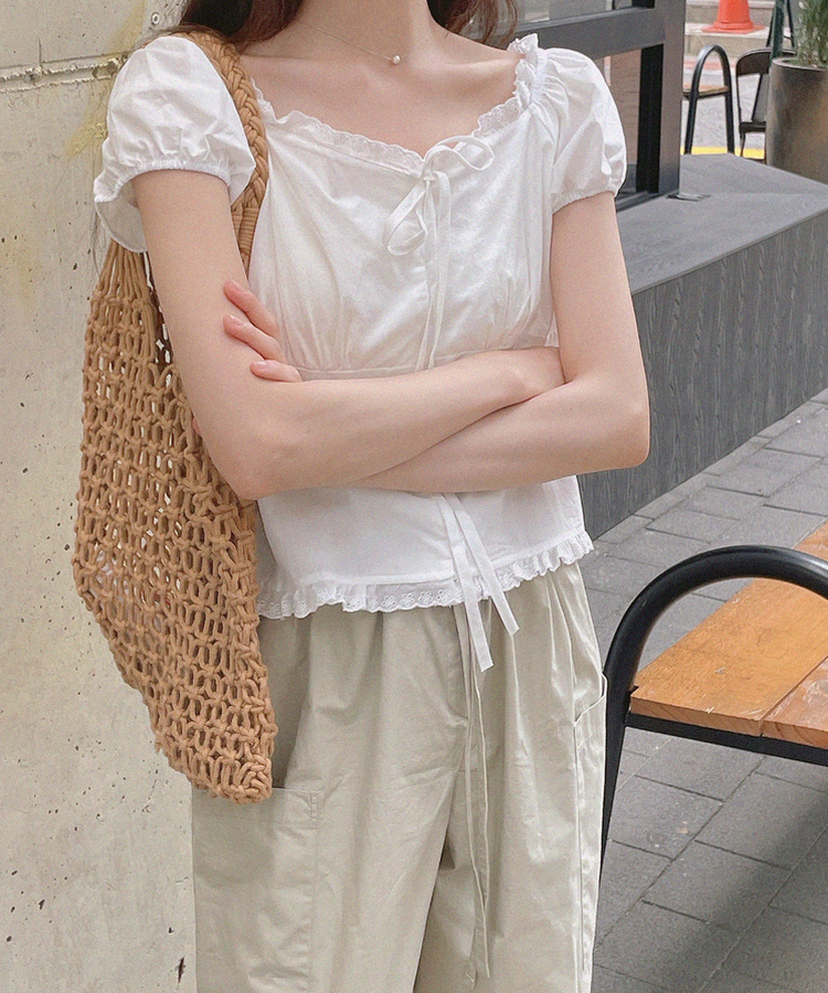 リボン半袖ブラウス WHITE