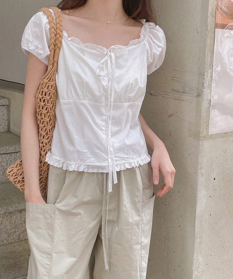 リボン半袖ブラウス WHITE